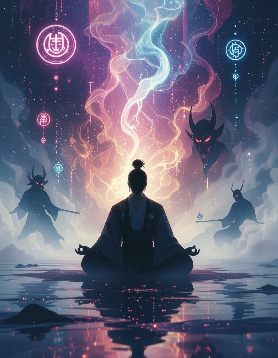 Samurai Meditating in Surreal Cosmic Dreamscape