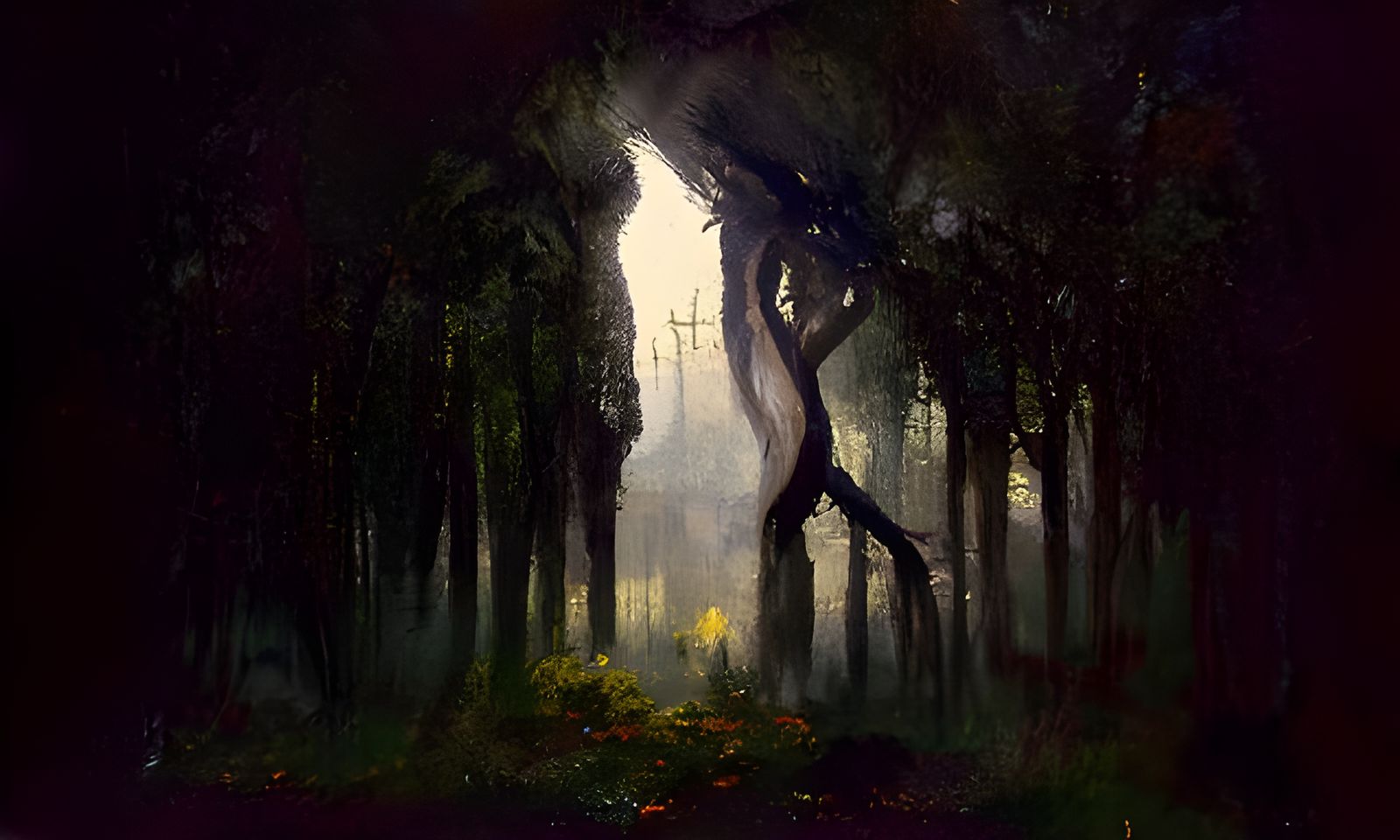 Ominous Dark Forest with Pale Sunlight