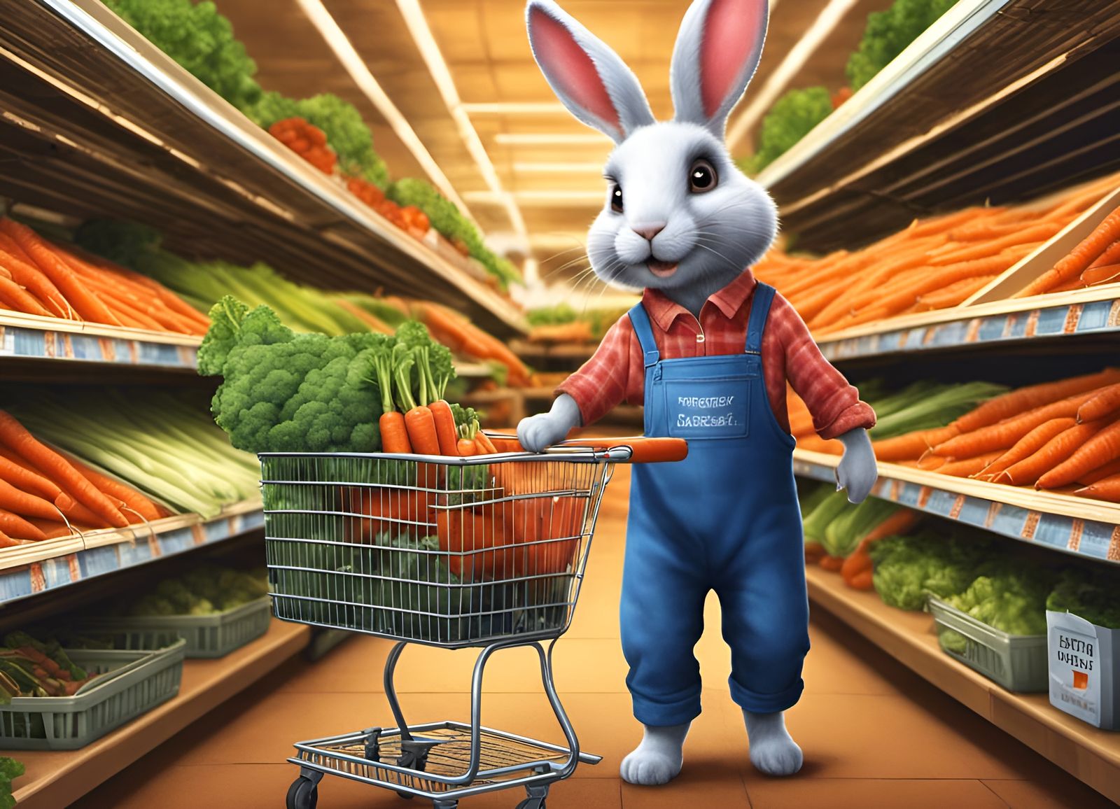 Farmer Rabbit with Empty Cart in Carrot Aisle