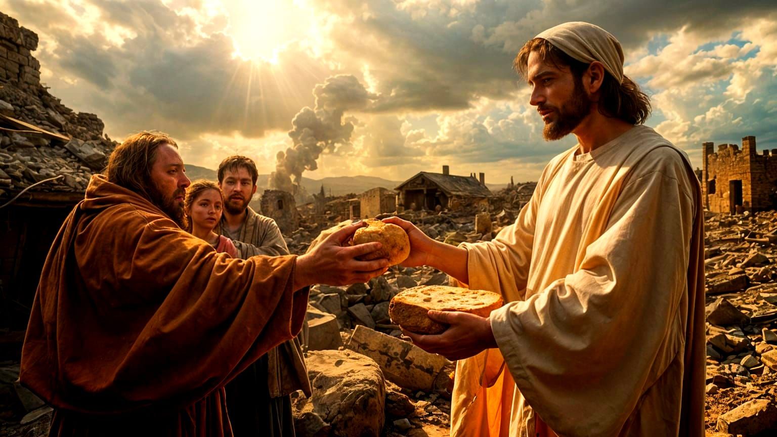 Jesus Offers Bread to Family in Ruins, Renaissance Style