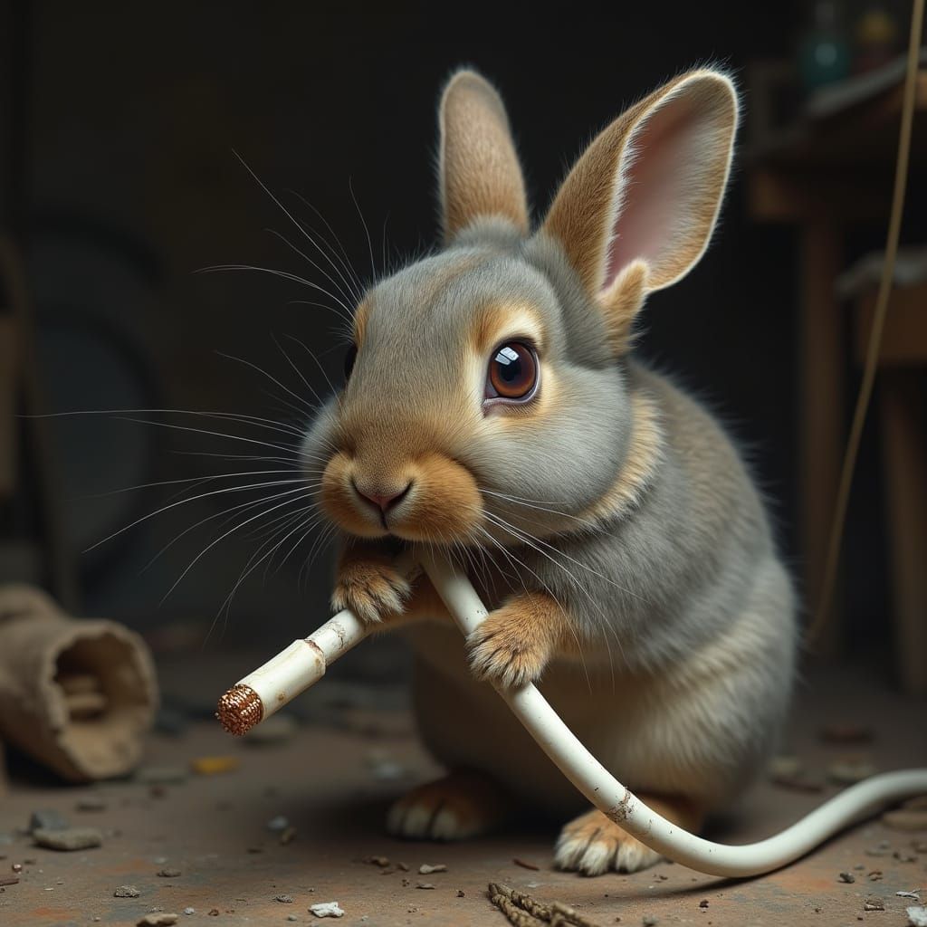 Realistic Rabbit Chews on Frayed Coaxial Cable in Workshop