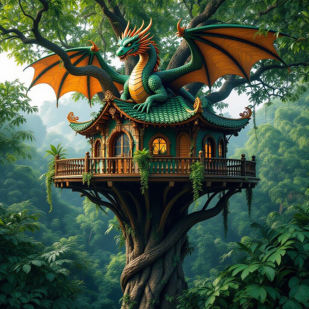 A jungle treehouse: hyper-realism, postmodern Baroque image,...