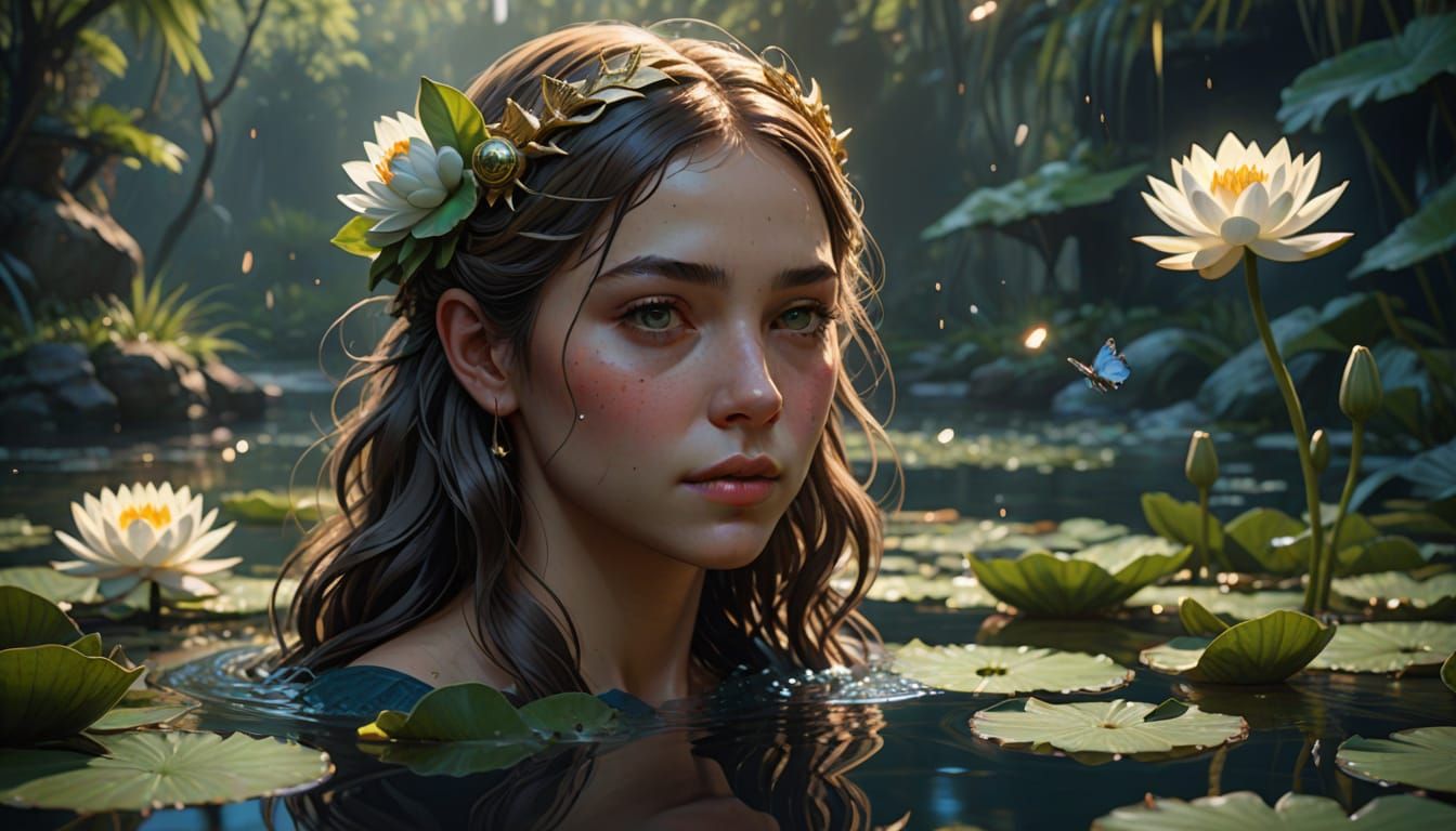 Woman in Water with Flowers: Splash Art Style