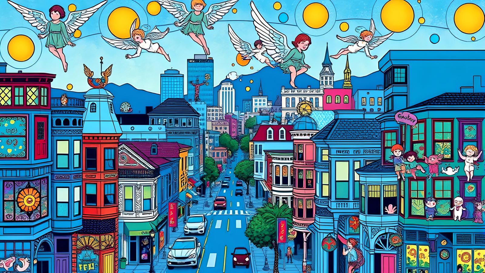 Angelic Cityscape in Psychedelic Style