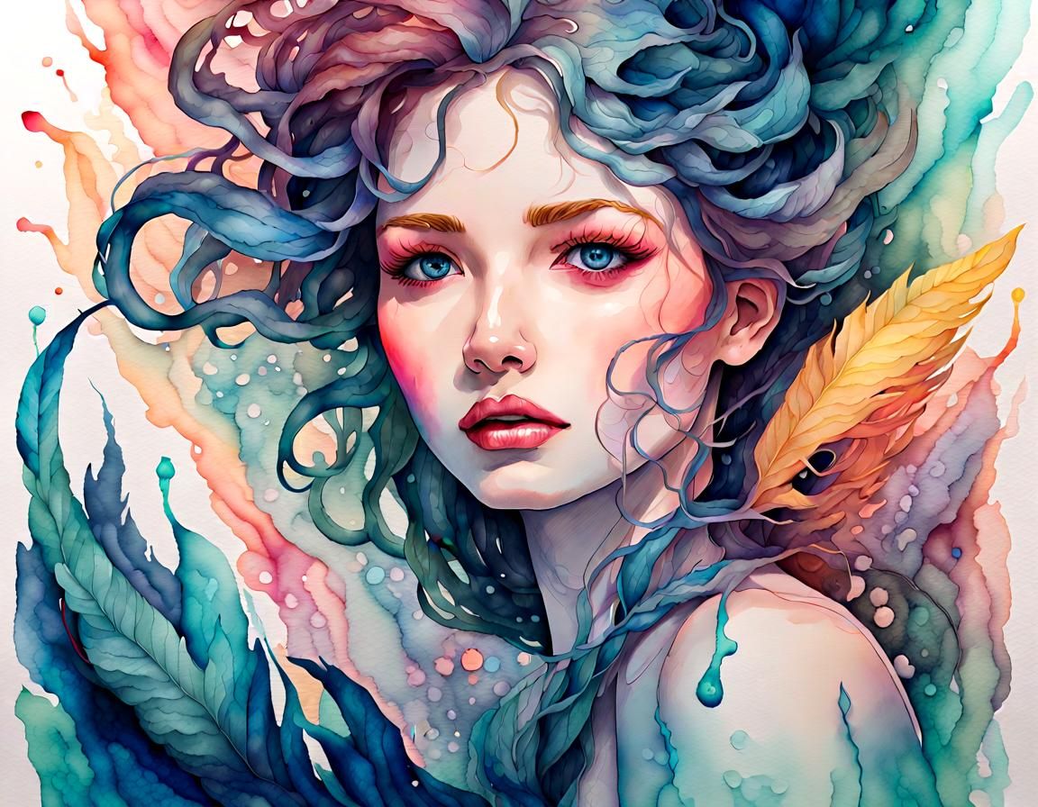 Enchanting Siren Portrait in Watercolor and Ink