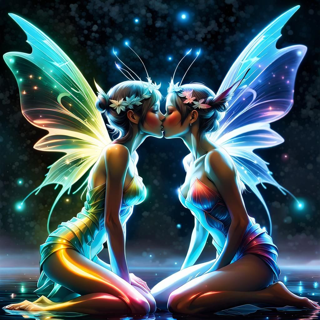 Lesbian Fairies Kissing Under Rainbow Constellations