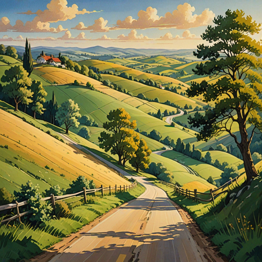 Vibrant Gouache Masterpiece of a Winding Rural Road