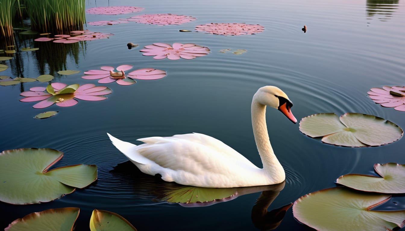 Vibrant Pink Swans in Serene Misty Lake Landscape