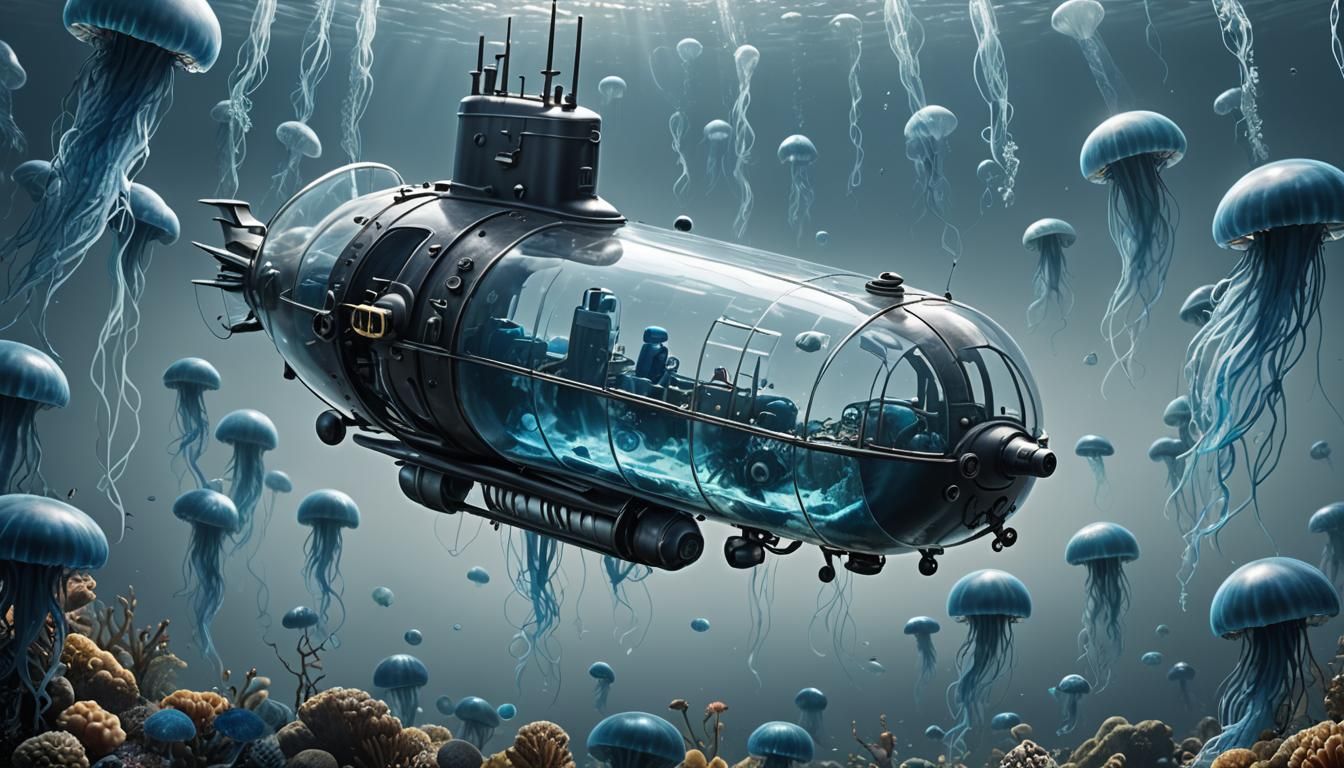 Glass Submarine Among Blue Jellyfish: Hyperrealistic Detail
