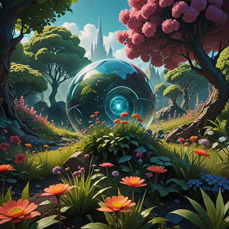 Whimsical Crystalline Orb in a Lush Fantasy Garden
