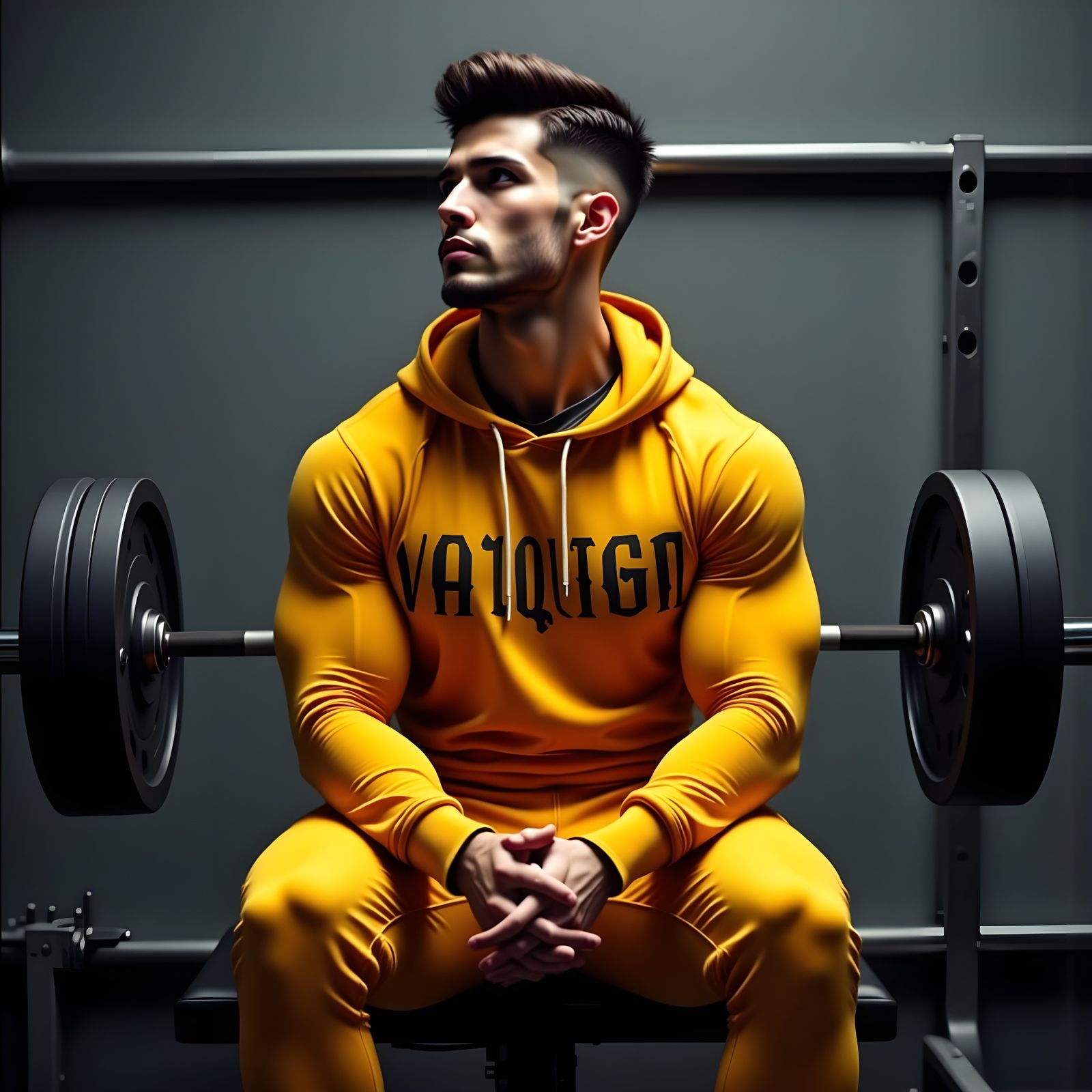 Muscular Man in Yellow Hoodie on Weight Bench