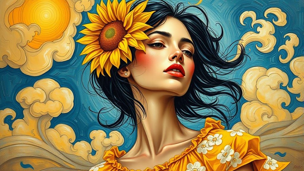 Vibrant Woman Lost in Thought Amidst Sun-Kissed Clouds in Im...