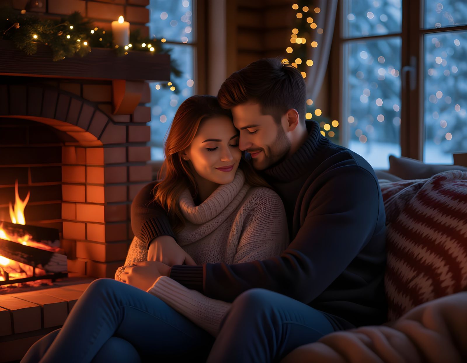 Couple Hugging by Fireplace, Hyperrealistic Photography