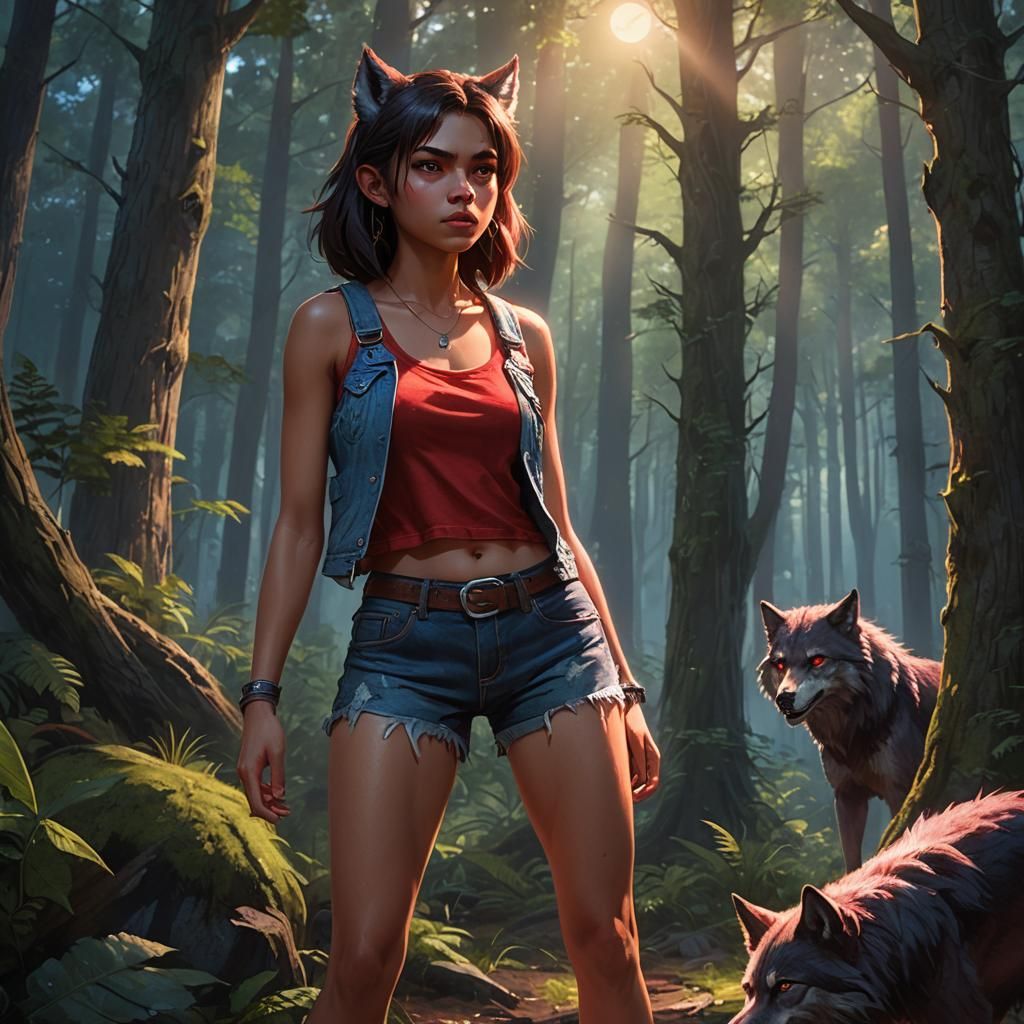 Teenage Werewolf Girl in Moonlit Forest, Comic Book Art
