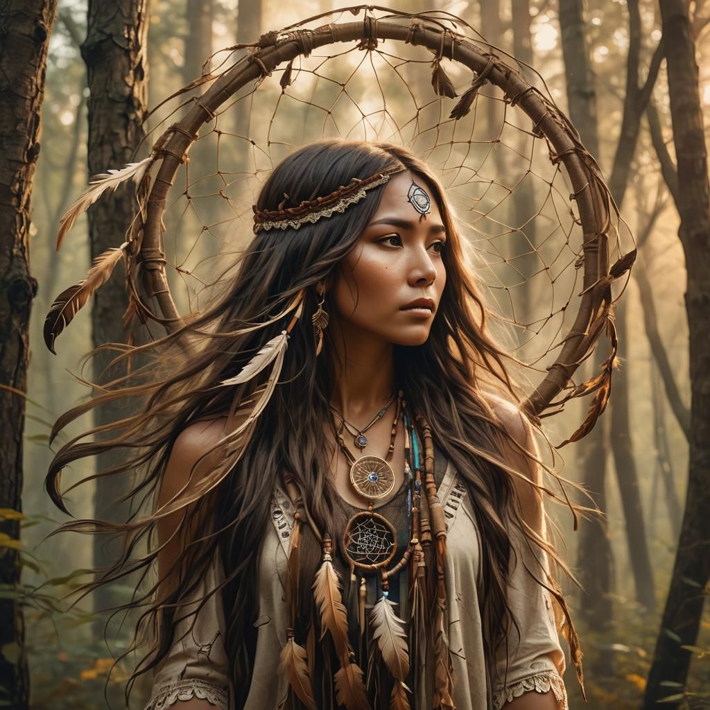 Native American Woman with Dreamcatcher in Forest