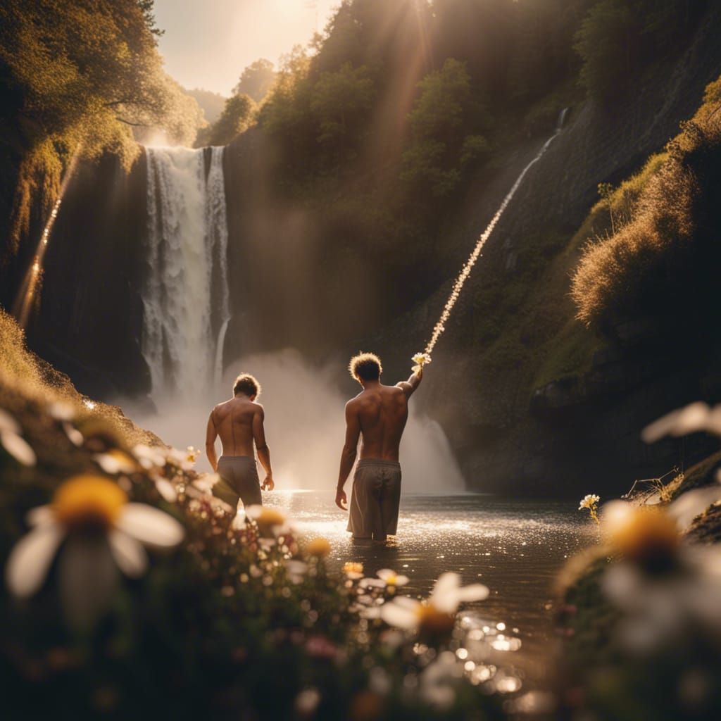 Magical Waterfall Scene at Golden Hour