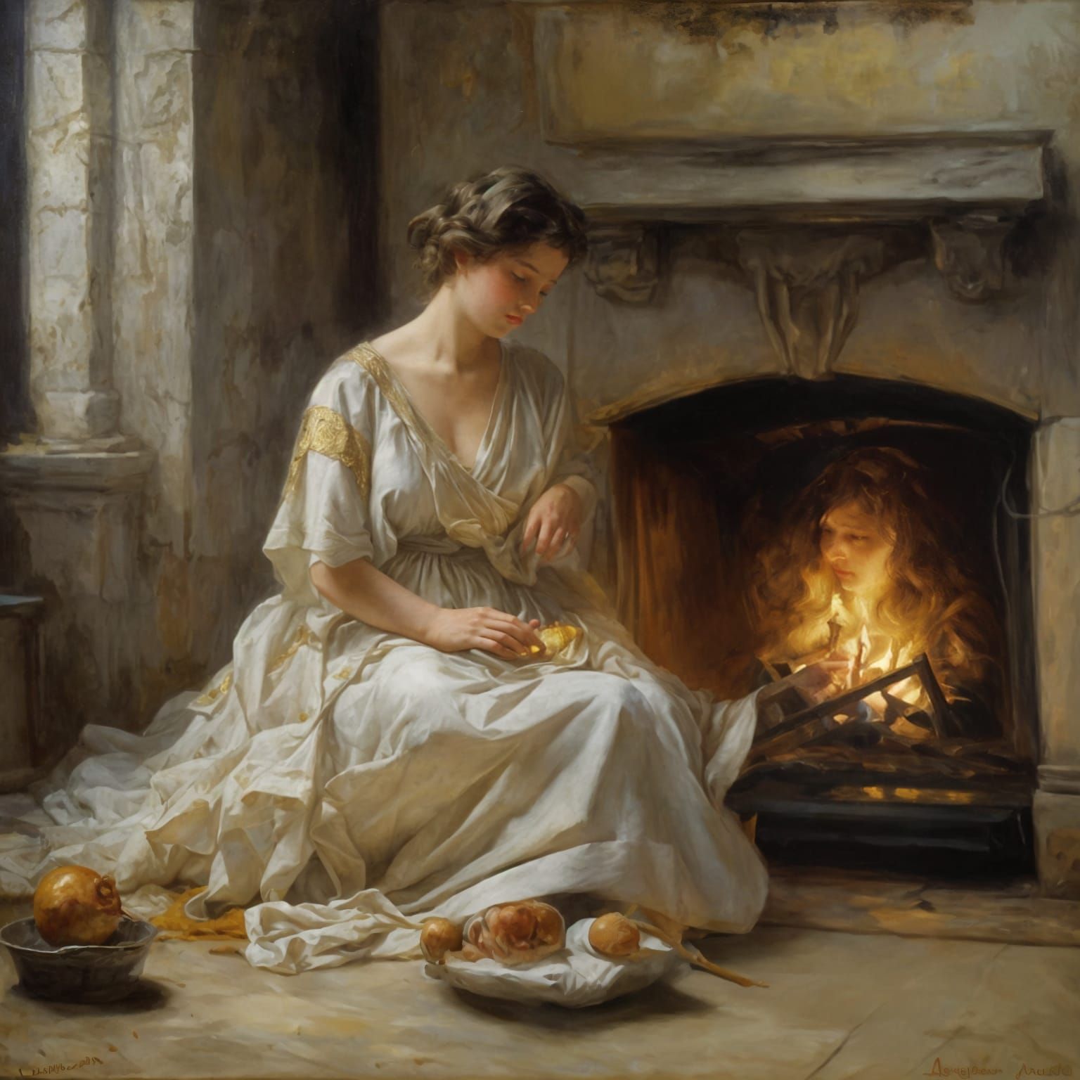 Goddess Vesta by the Hearth in Antique Roman Home