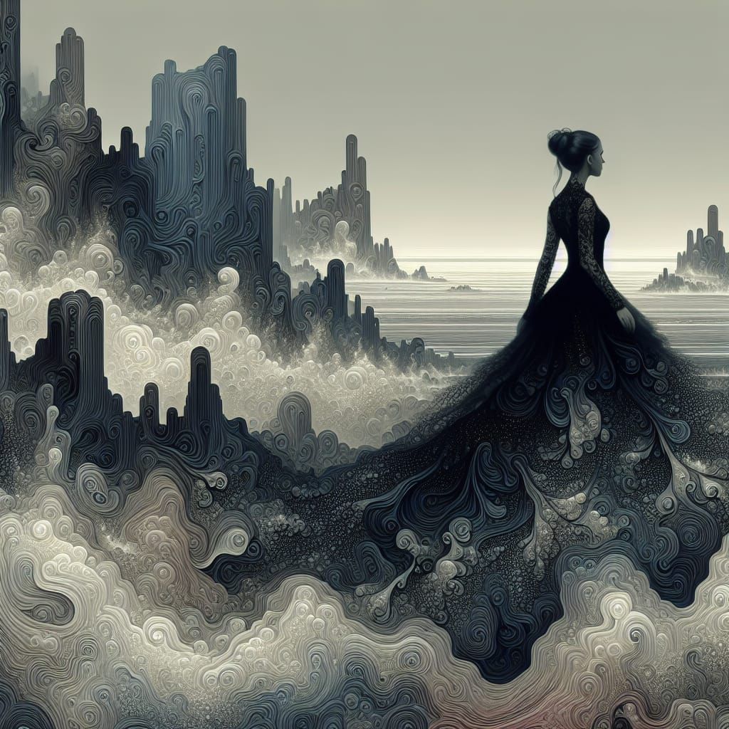Ethereal Woman in Black Dress: Abstract Landscape