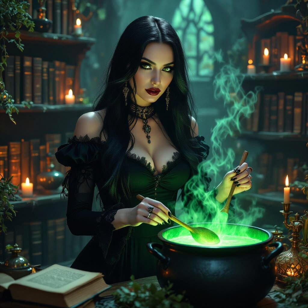 Gothic Woman Stirring Cauldron with Eerie Glow