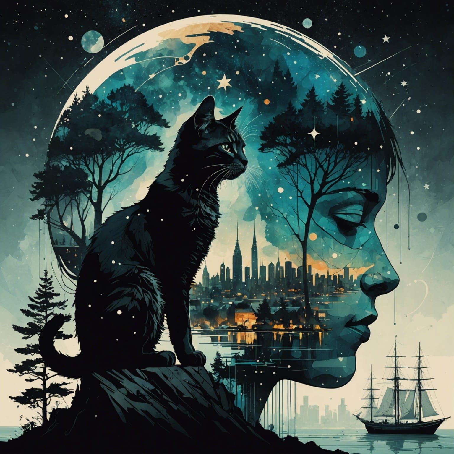 Galaxy World with Kitten Silhouette: Double Exposure Art