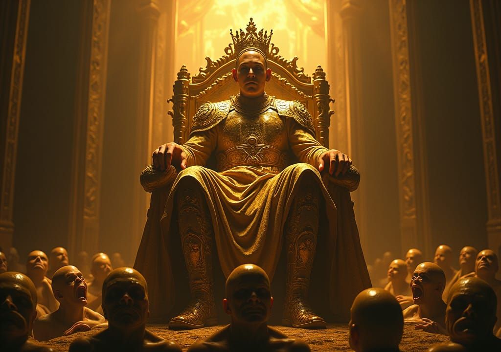 Regal Figure on Colossal Throne in Golden Light