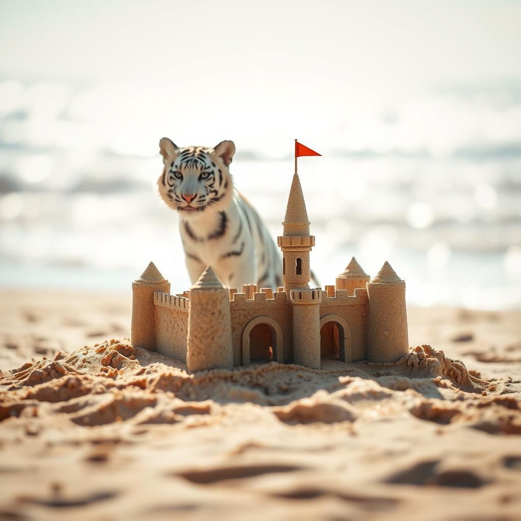 Miniature Sandcastle Guarded by a White Tiger Cub