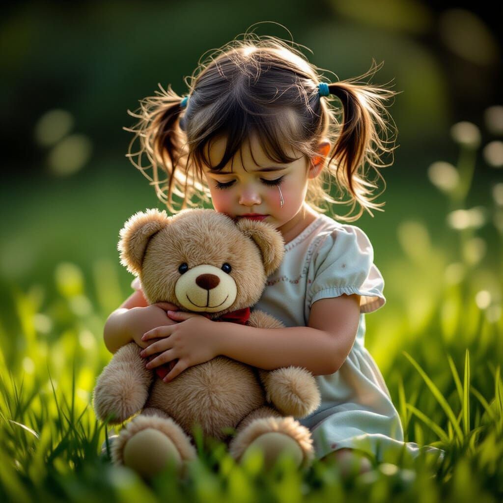 Young Girl Hugs Teddy Bear, Crying Cinematic Scene