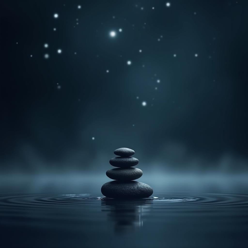 Zen Stones Floating Over Calm Pond at Night