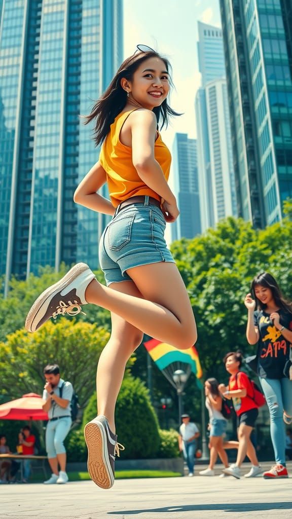 Energetic Young Woman Leaps in Urban Oasis