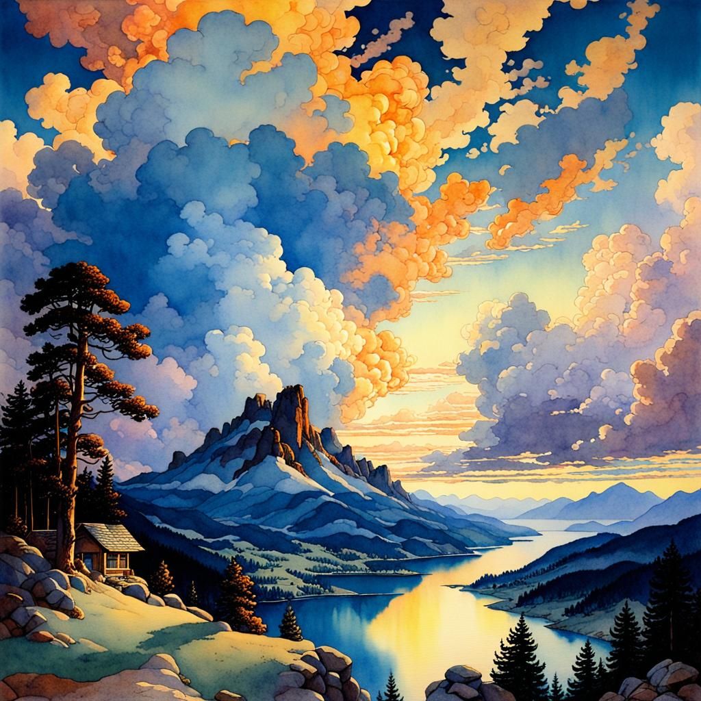 Anime Sunset Watercolor Painting in Parrish Style