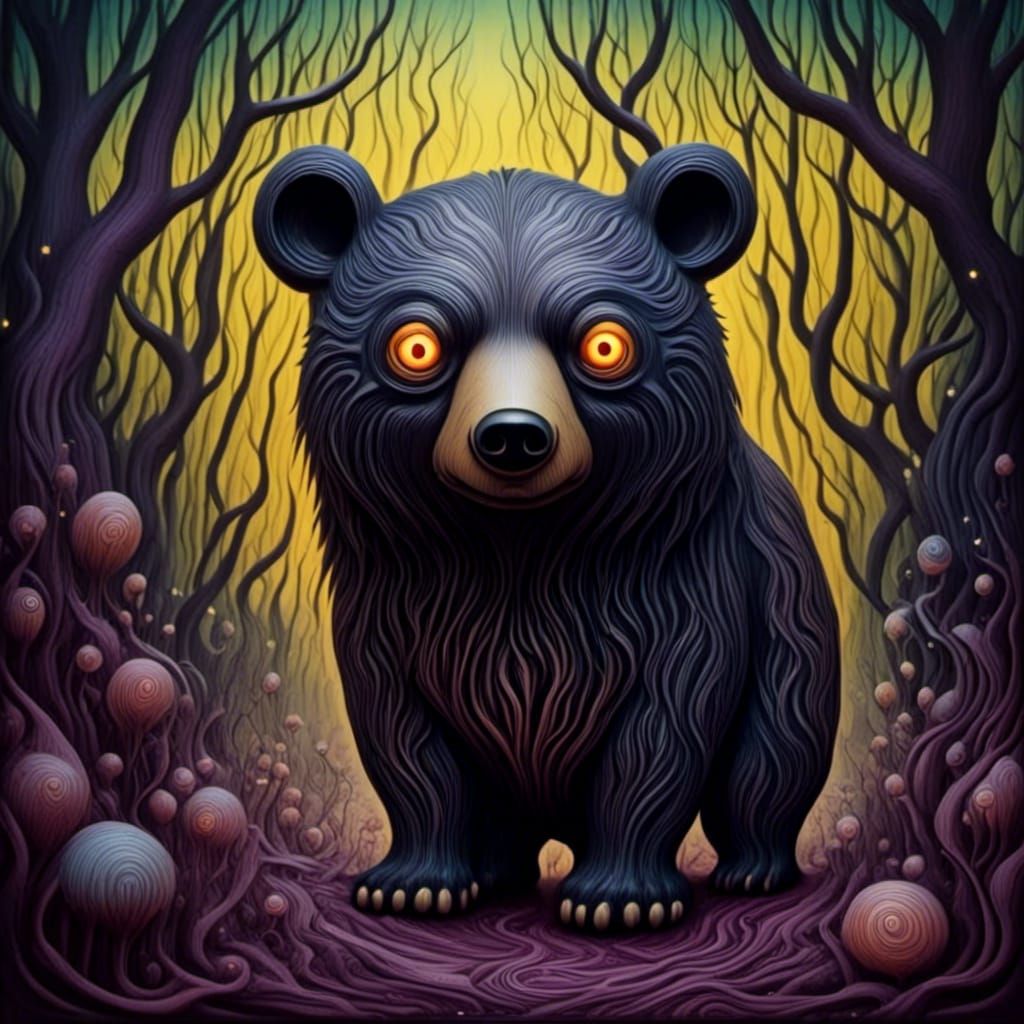 Mystical Bear in Forest, Dark Fantasy Oil Painting