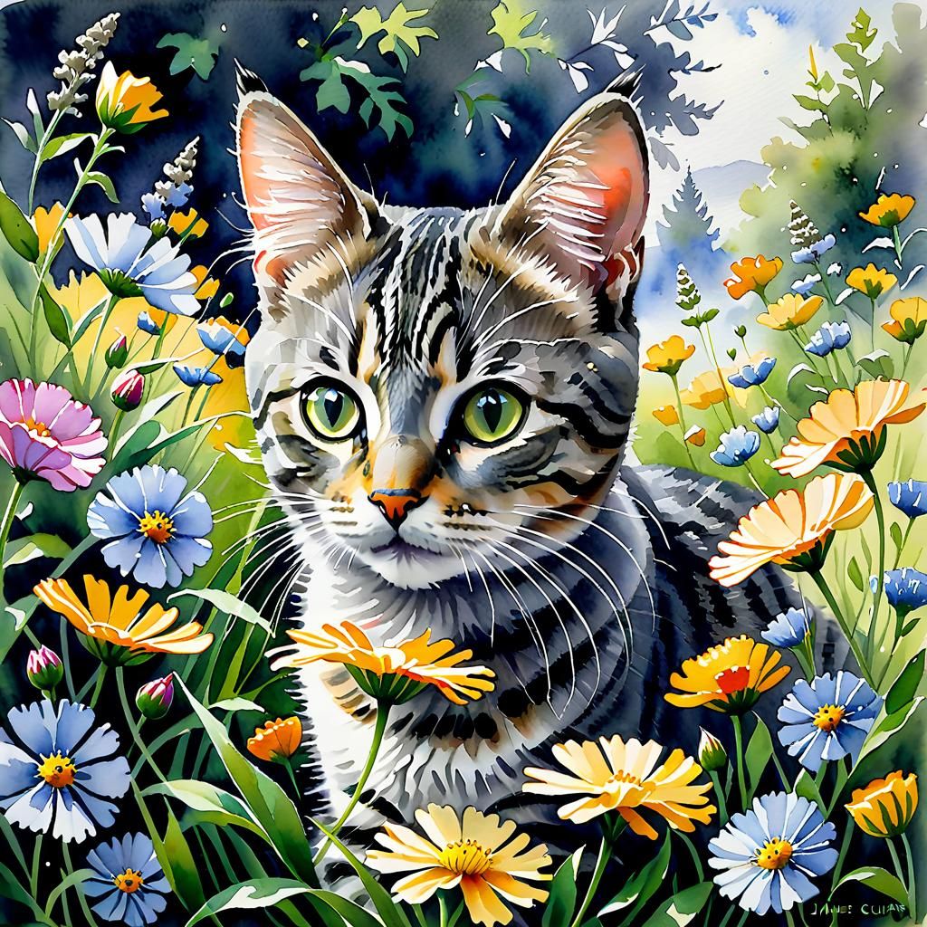 Grey Tabby Cat Frolicking Among Delicate Flowers