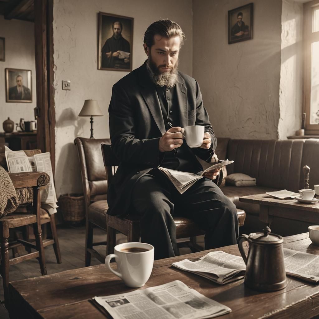 Orthodox Man Enjoying Coffee: Detailed Fantasy Art