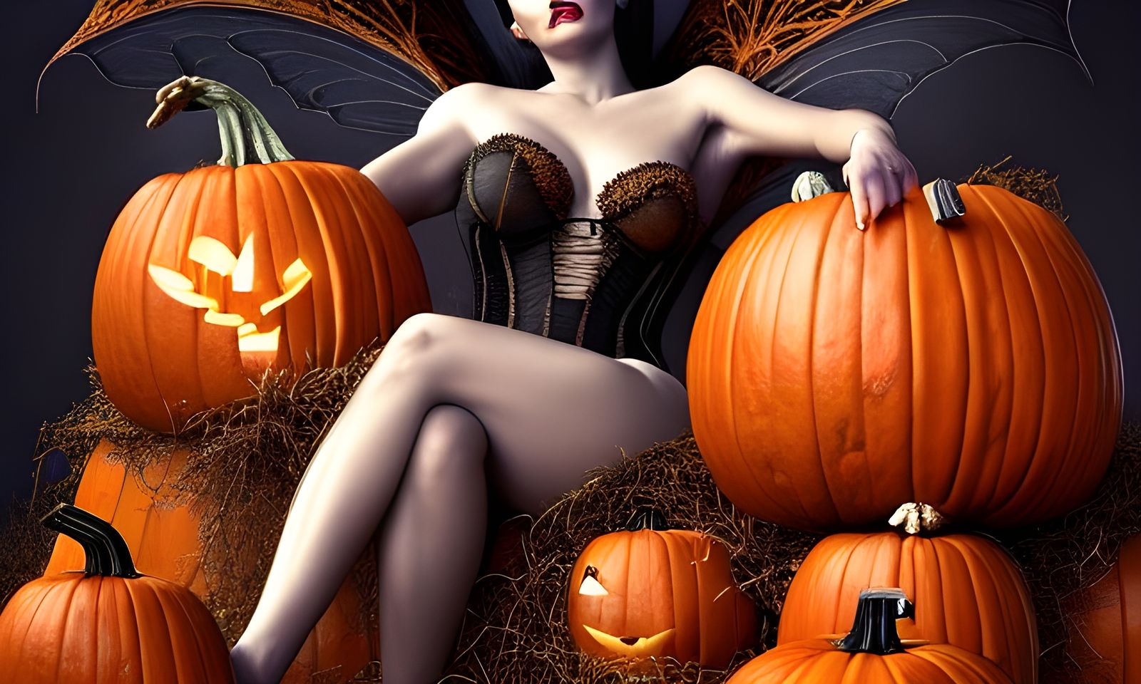 Black Fairy on Pumpkin Pile, Photorealistic 16k