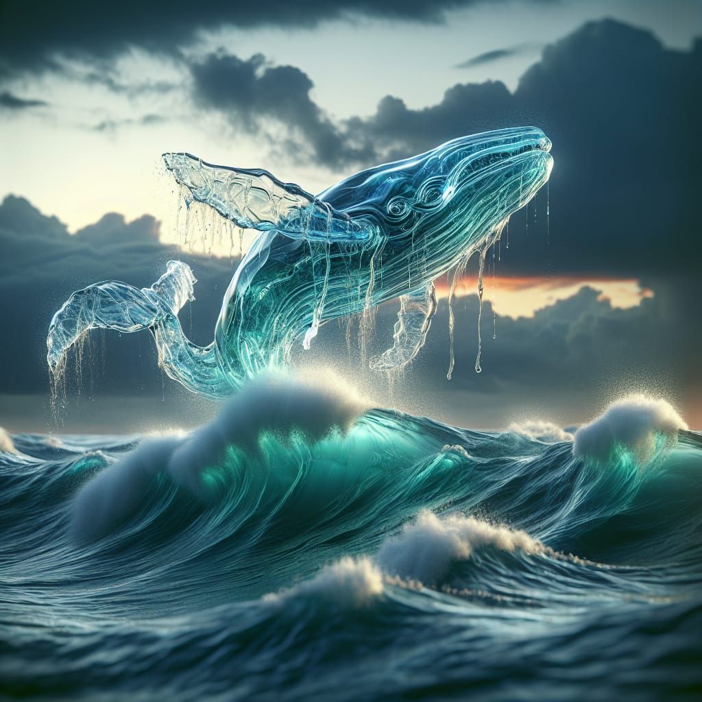 Hyperrealistic Transparent Wave Whale Emerging from Ocean