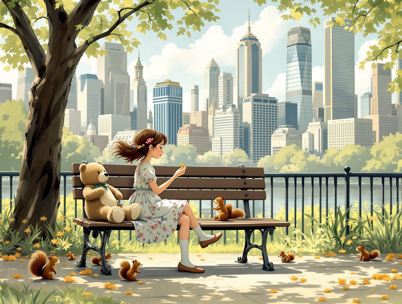 Girl Feeds Squirrels in City Park, Whimsical Illustration