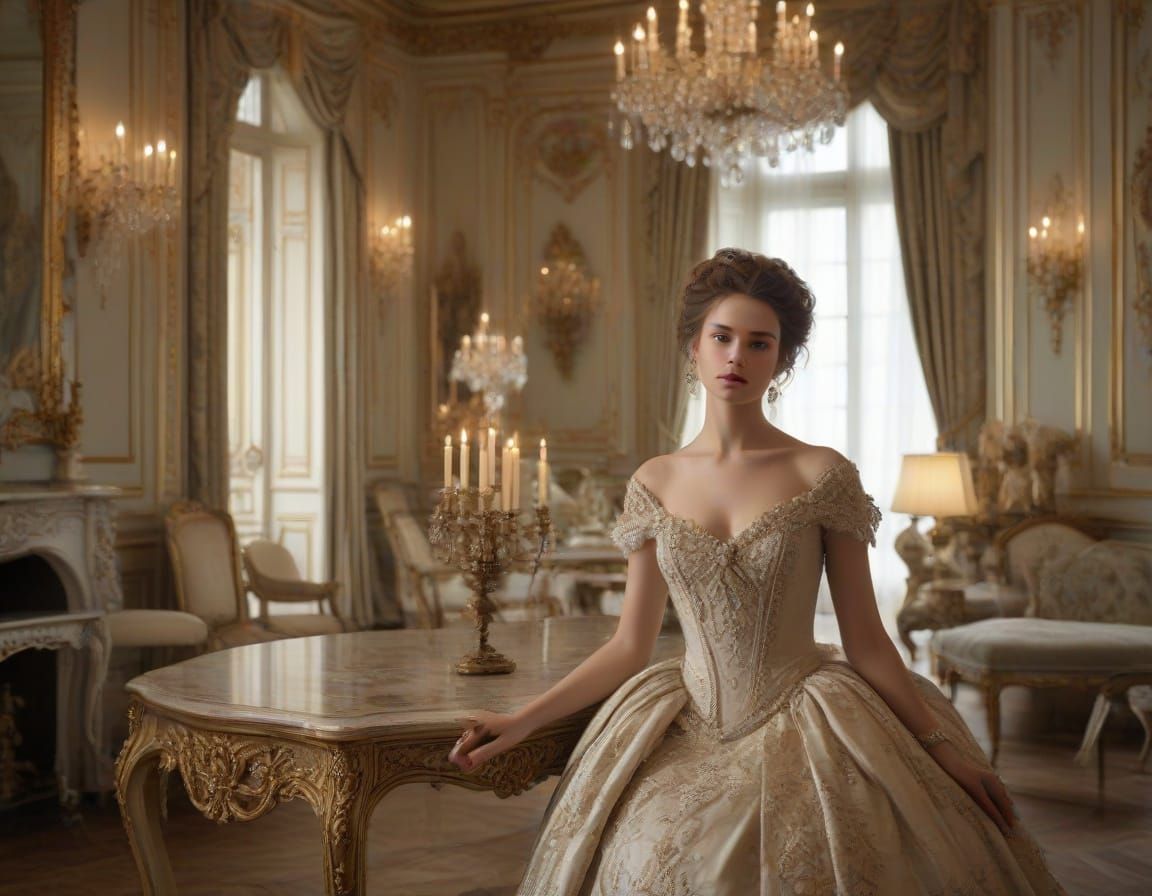 Elegant Woman in 18th Century Gown, Opulent Ballroom Style