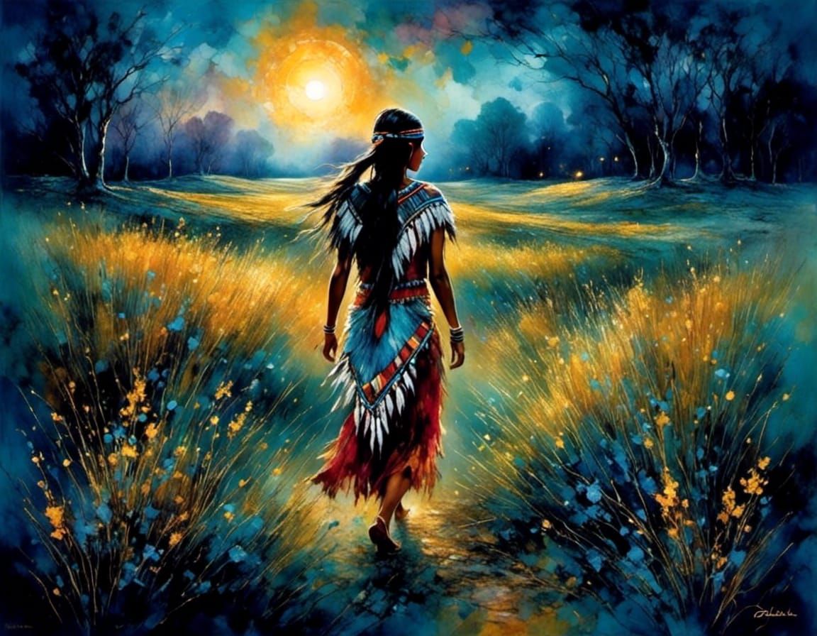 native american girl, walking through  a night meadow