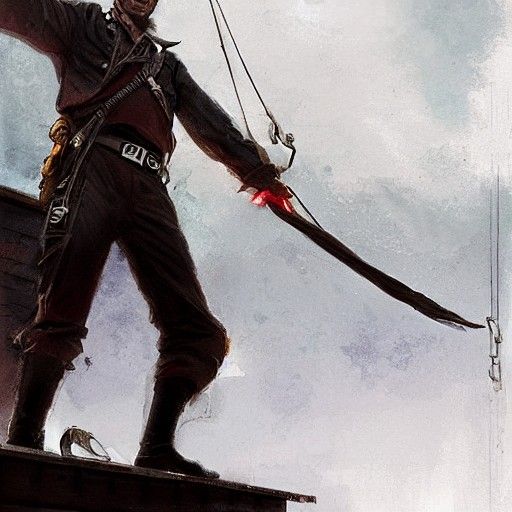 Triumphant Swashbuckler on Steamship Deck