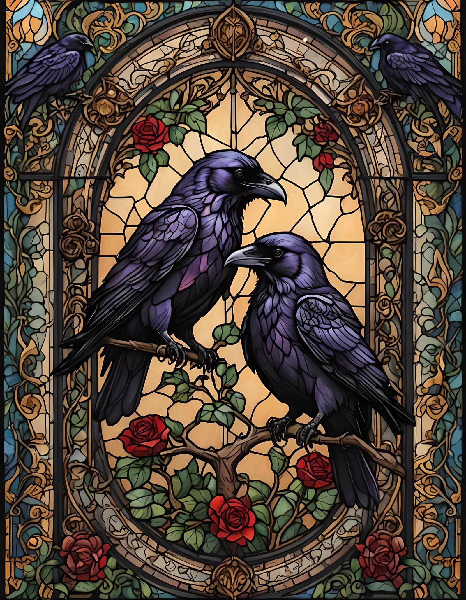 Stained glass ravens in love