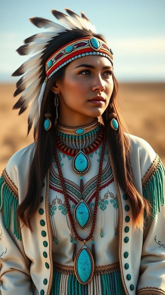 Native American Maiden in Turquoise Regalia