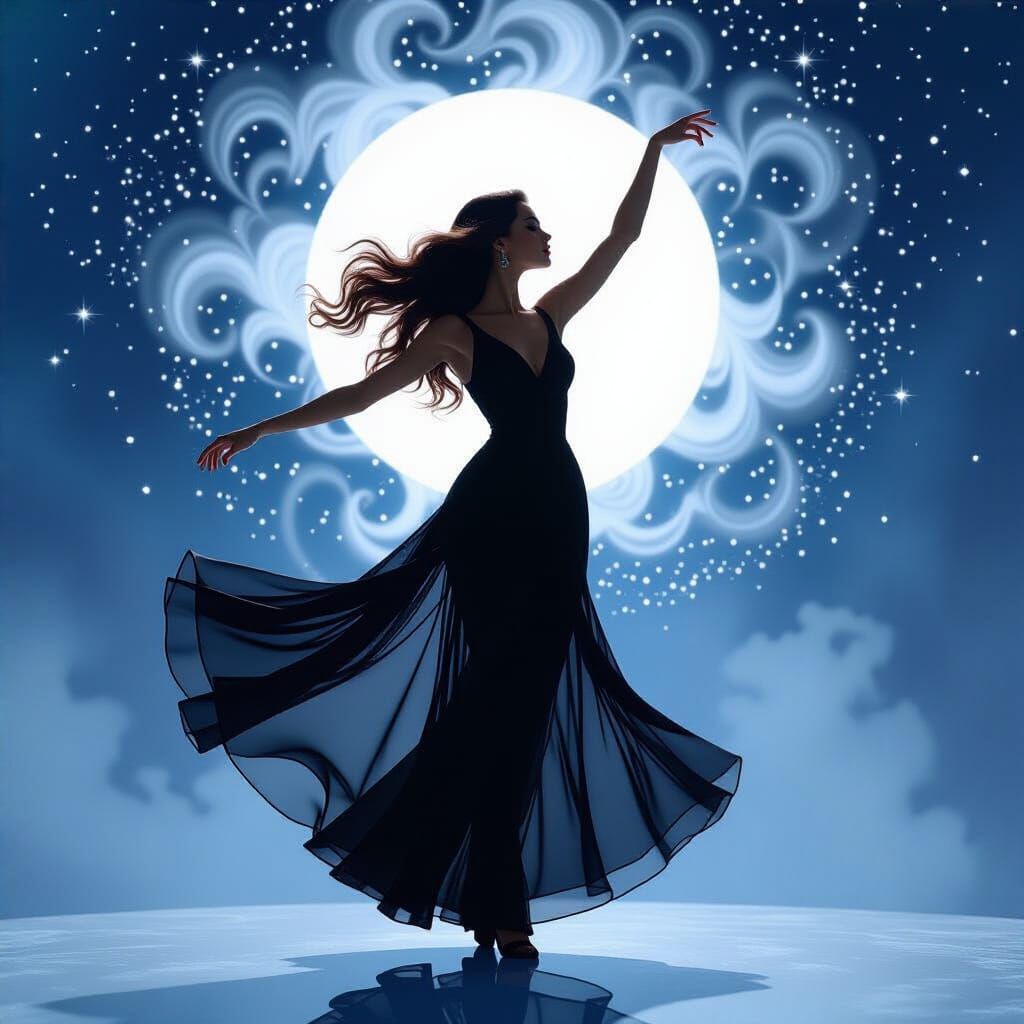 Silhouette Dancing in Cosmic Starlight, Ethereal Art