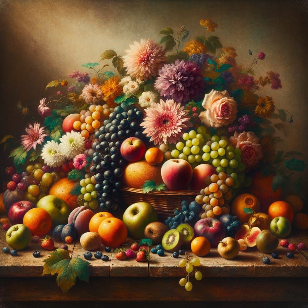 Vibrant Still Life of Fruits and Flowers