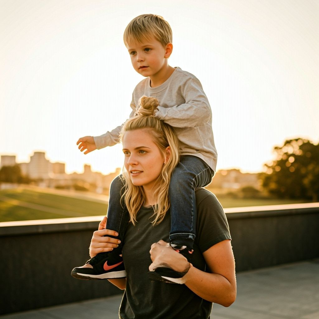 Woman Carries Boy in Golden Hour Sunlight