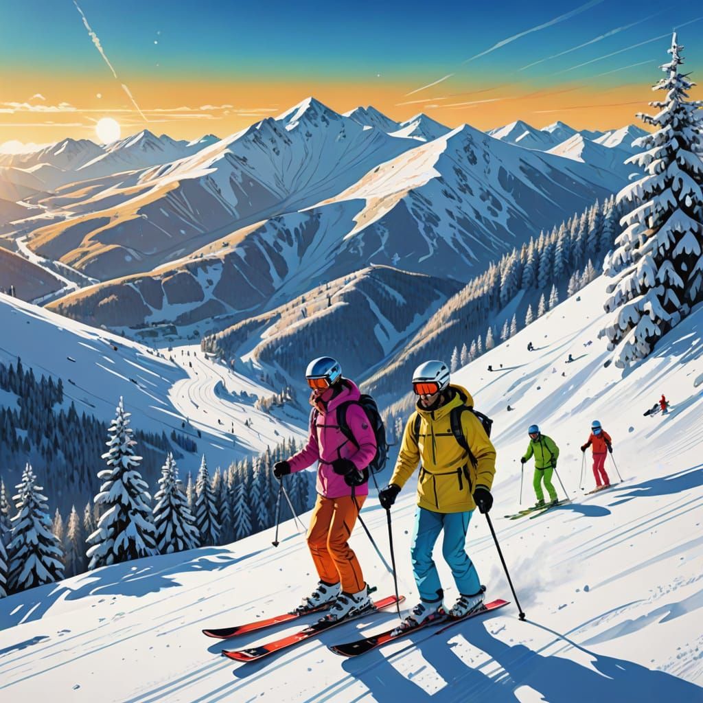 Skiers on Slope: Vibrant Digital Painting