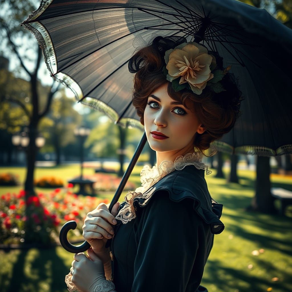 Victorian Lady with Parasol in City Park