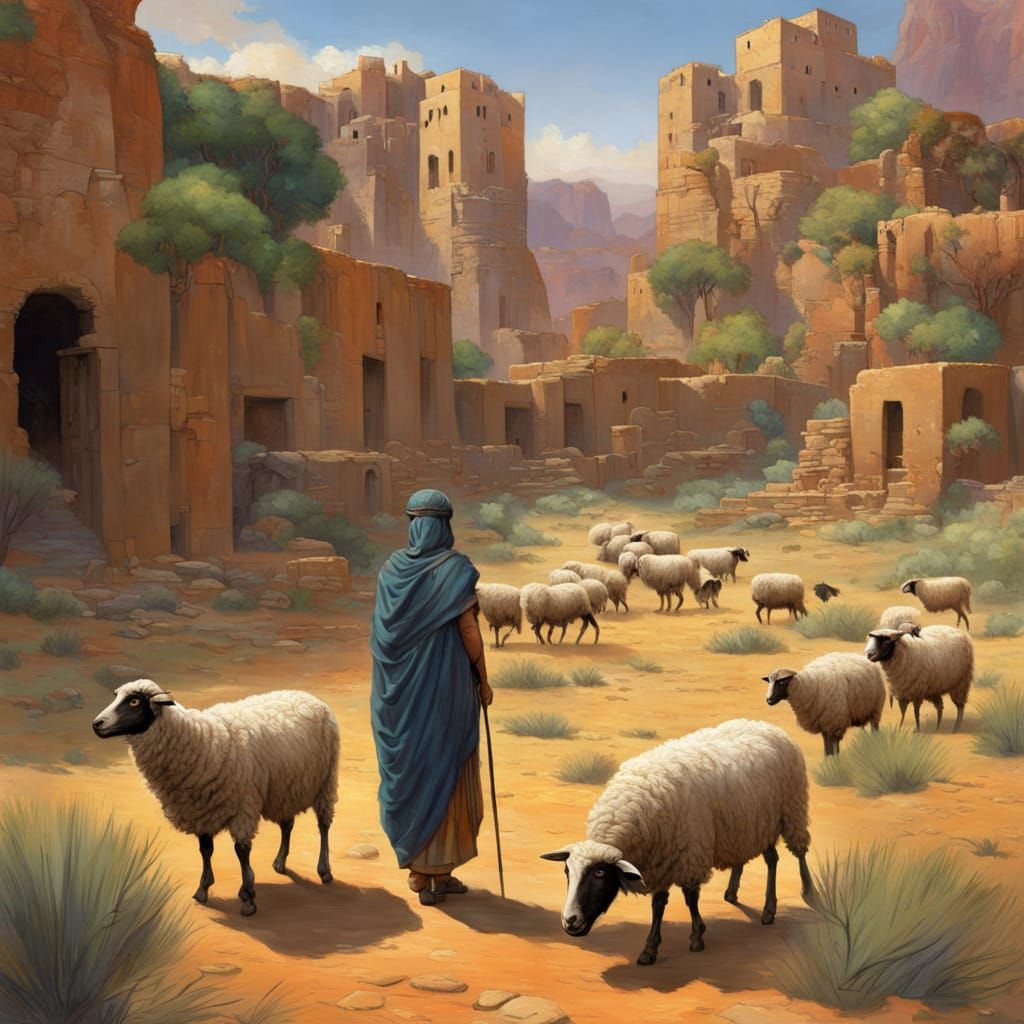 Shepherd and Sheep in Desert Ruins: Hyperrealistic Ghibli St...