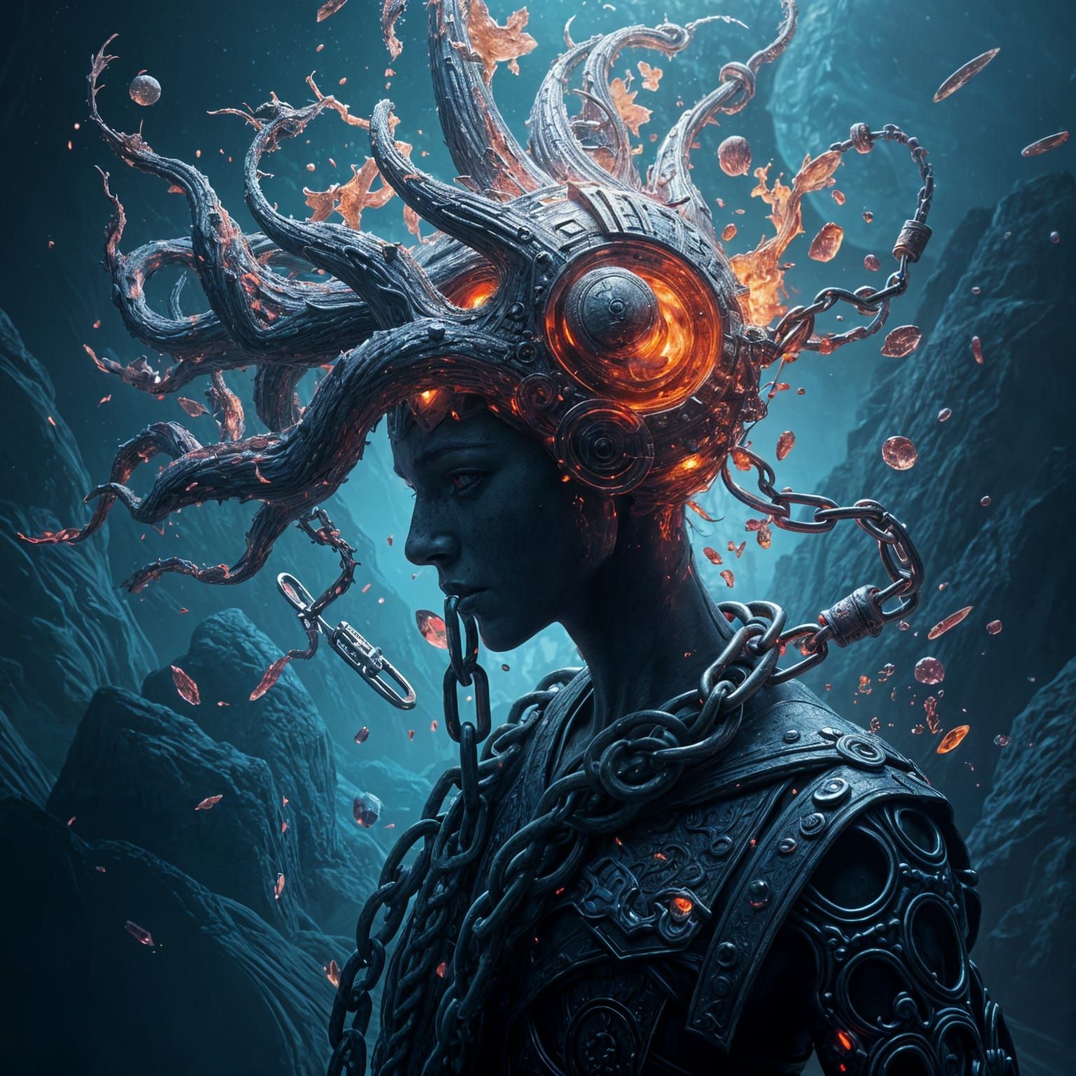 Fantastical Chained Figure in Detailed Digital Painting