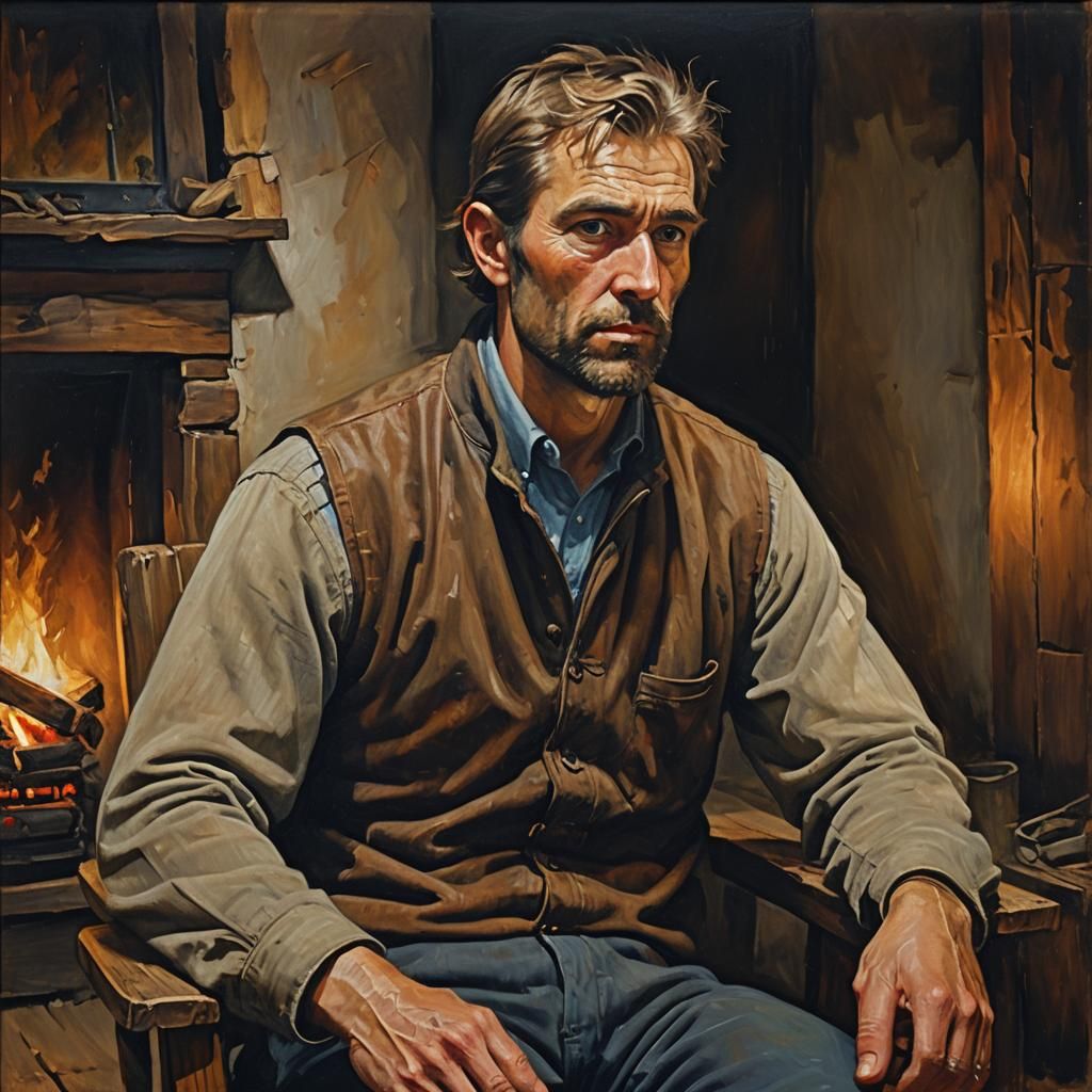 Dramatic Portrait of Man in Chair, Oil on Canvas