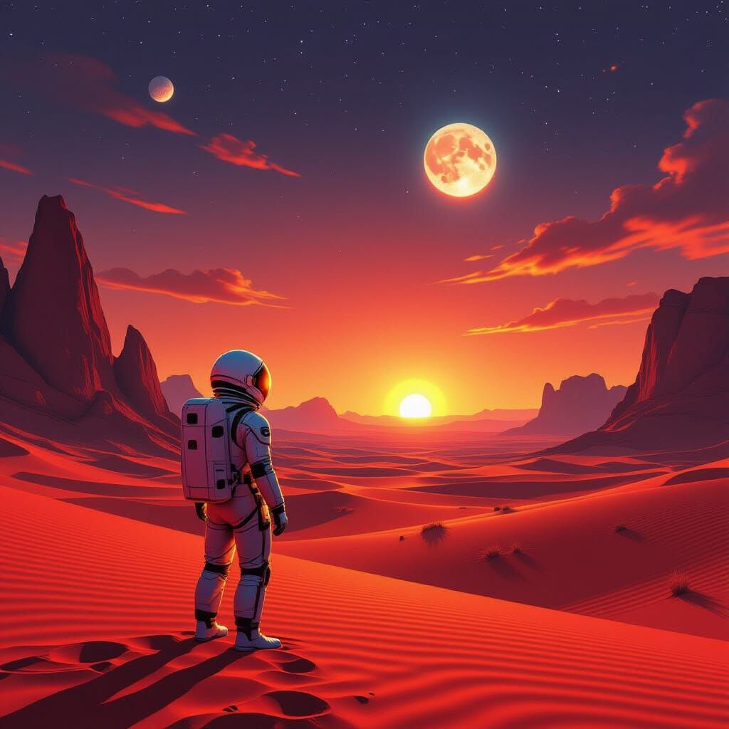Astronaut on Crimson Planet Watches Binary Sunset